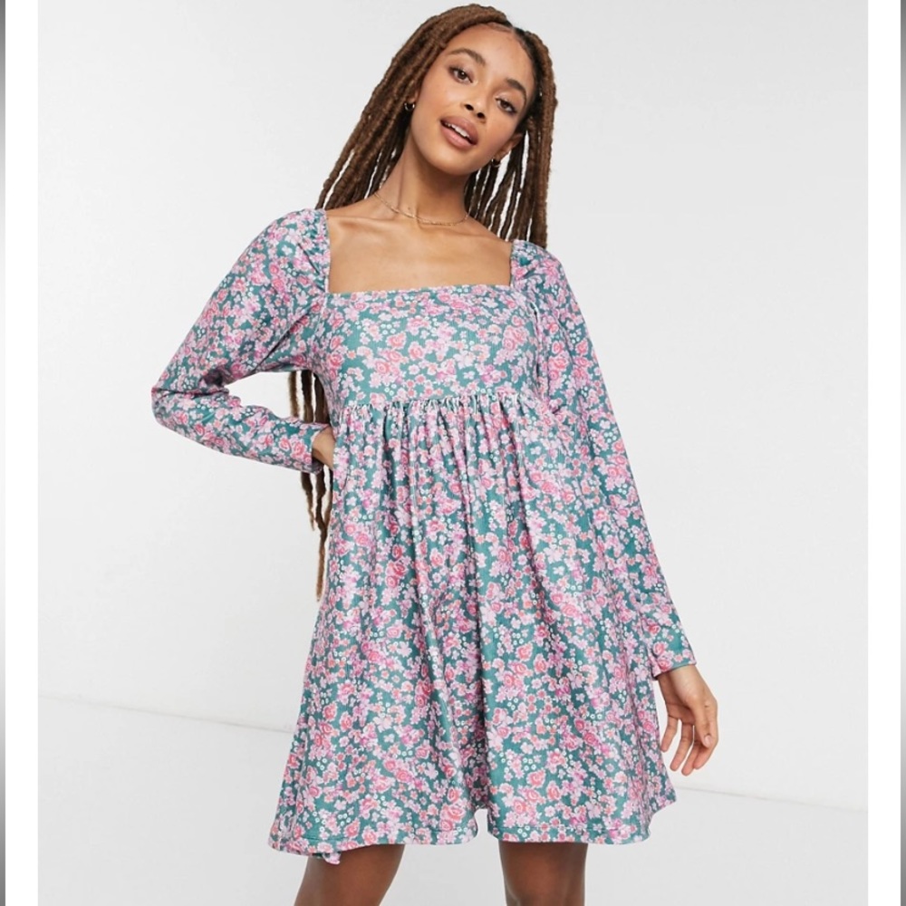 ASOS DESIGN cord mini dress with square neck in ditsy floral-Black NWOT